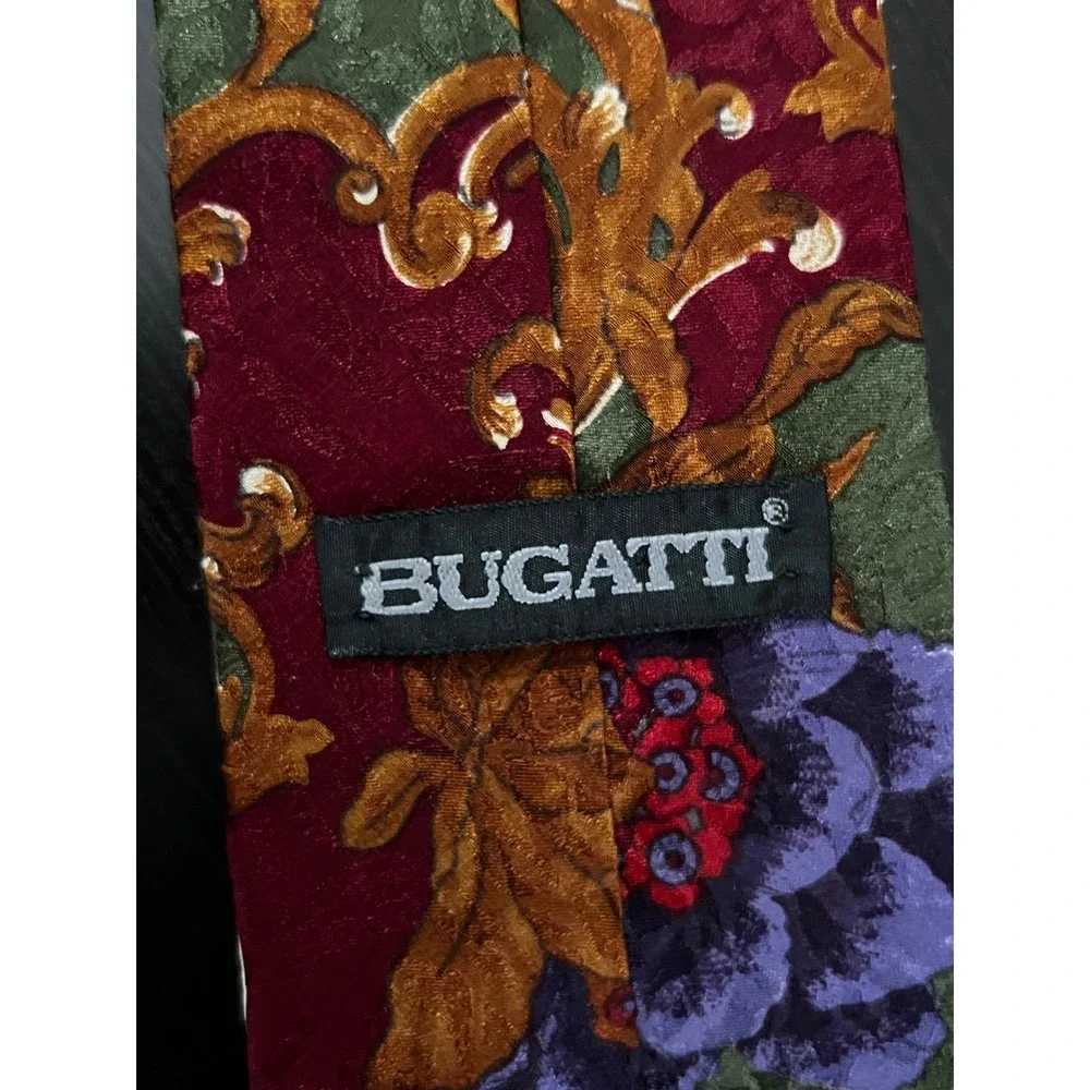 Bugatti‎ Mens Silk Tie Burgundy Green Baroque Floral Italian Jacquard Wide Blade